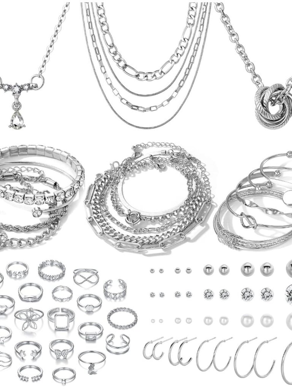 36 Pcs Silver Plated Jewelry Set With 3 Pcs Necklace, 12 Pcs Bracelet, 7 Pcs Ear
